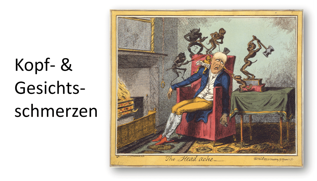 Exhausted Man with a Headache Sits in a Red Armchair, Bizarre Figures around Him.